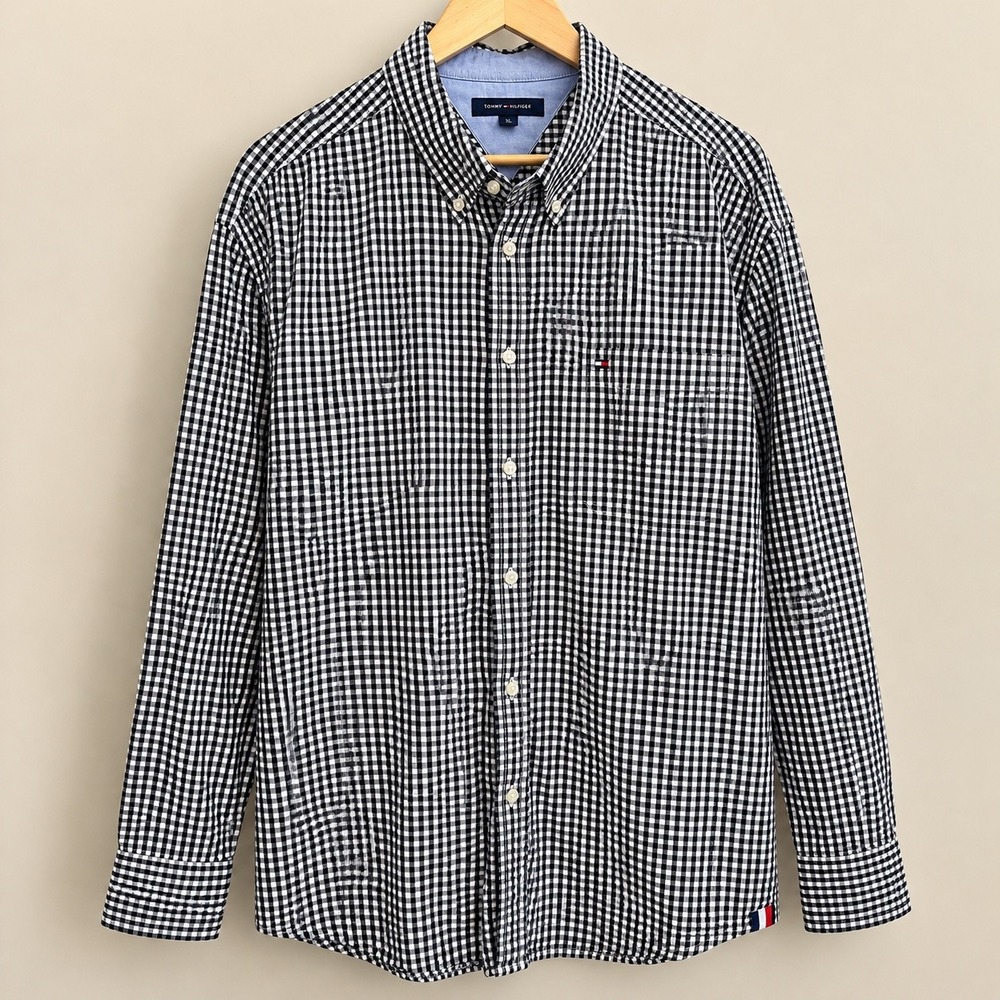 Tommy Hilfiger Mens XXL Gingham Button Down Shirt Navy White Cotton Long Sleeve